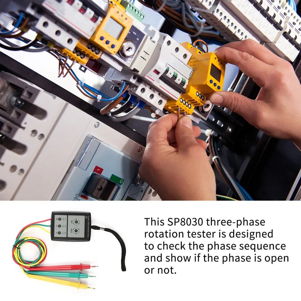 Testador Digital de Sequência de Fase Trifásico c/ Indicador LED + Buzina, 60Vac~600Vac, SP8030.
